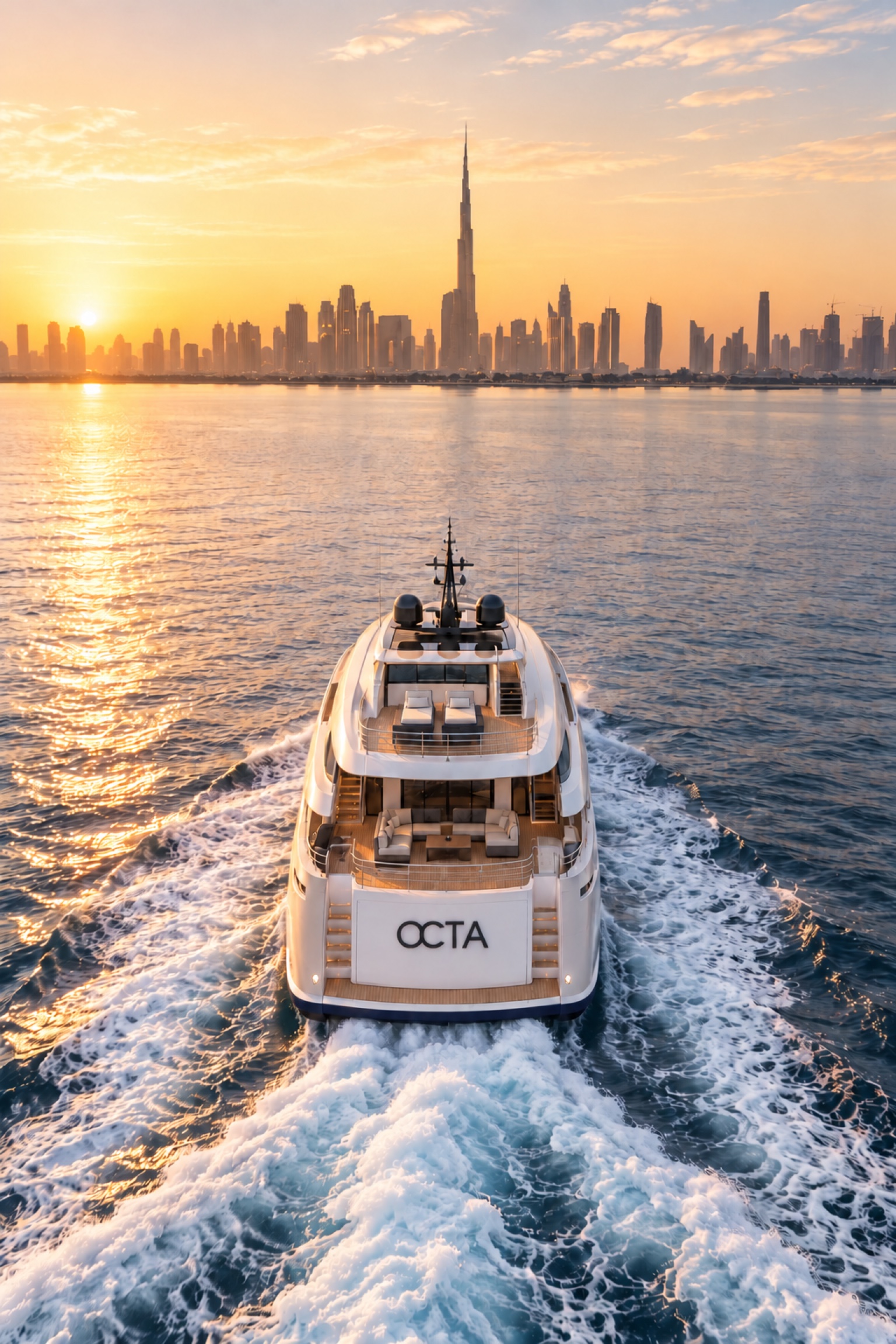 An OCTA yacht and the Dubai skyline at sunrise